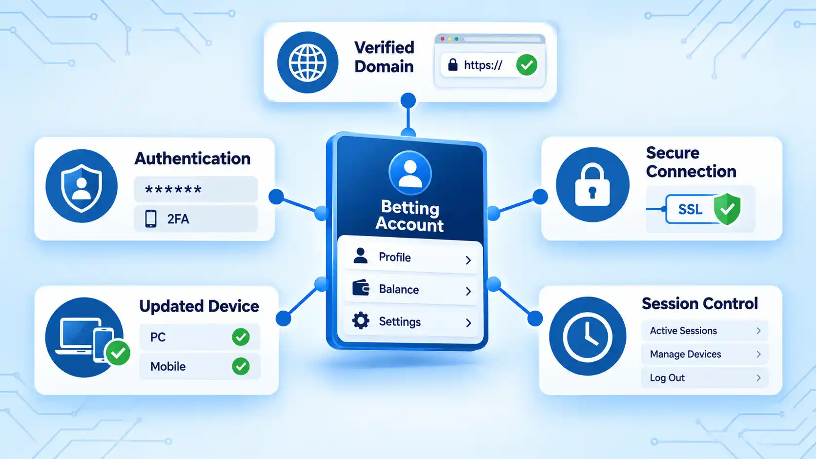 Betting Account linked to Verified Domain, Authentication, Secure Connection, Updated Device, and Session Control.