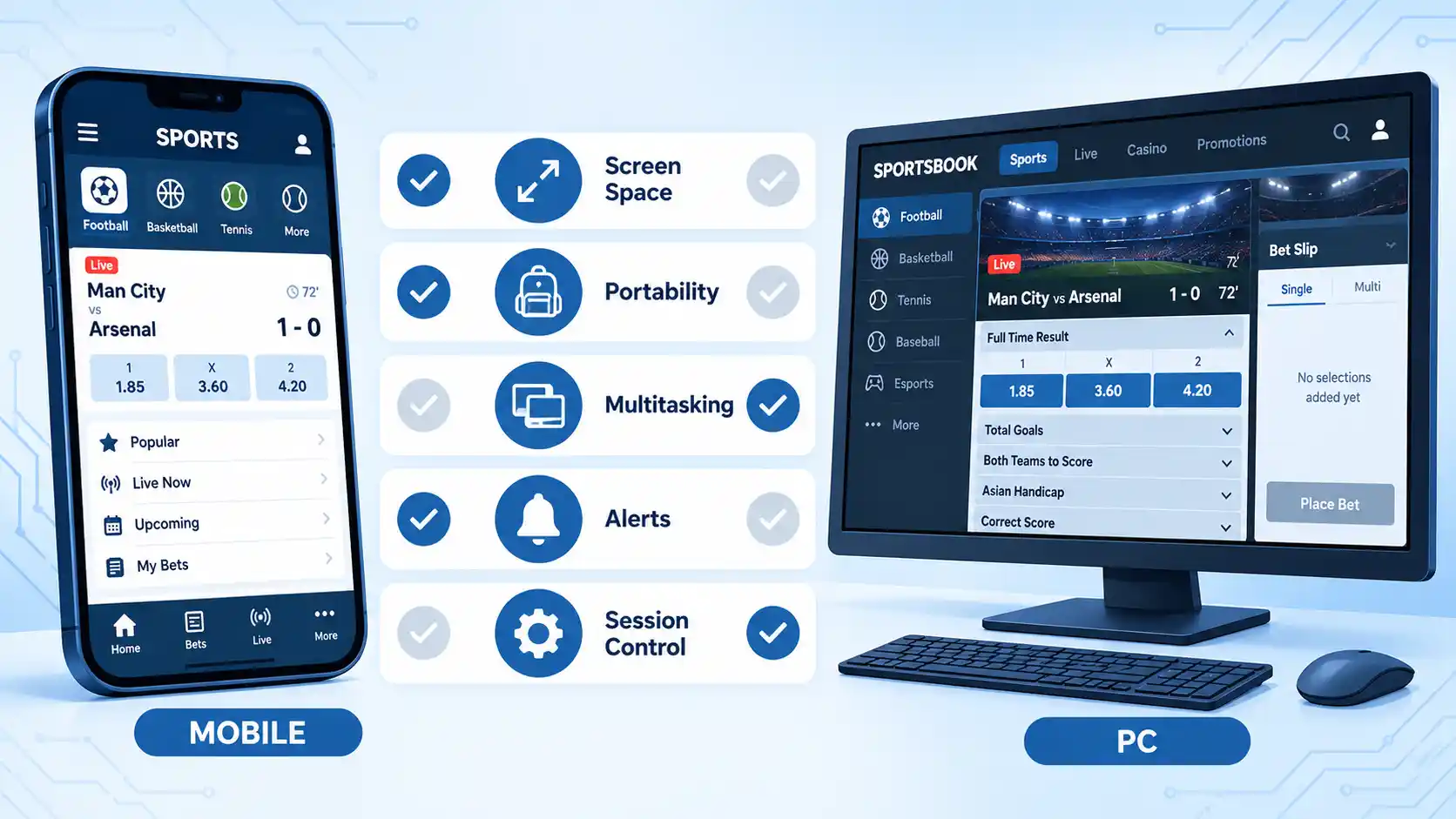 Mobile and PC sportsbook screens compared by Screen Space, Portability, Multitasking, Alerts, and Session Control.