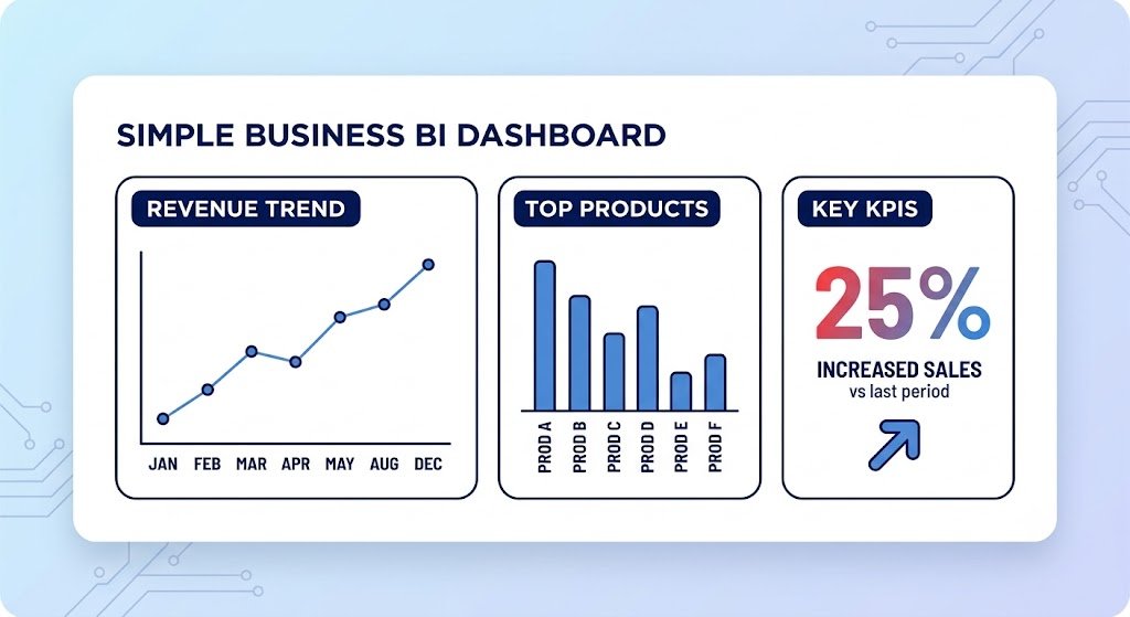 A diagram shows a simple BI dashboard with a revenue line chart, top products bar chart, and a KPI card