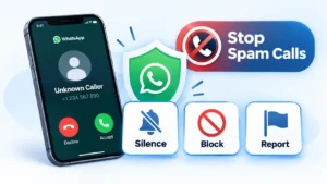 WhatsApp unknown caller beside privacy shield with Silence, Block, Report, and Stop Spam Calls controls