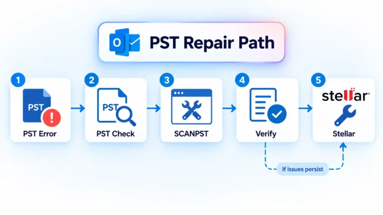 PST Repair Path from PST Error through PST Check, SCANPST, Verify, and Stellar when issues persist.