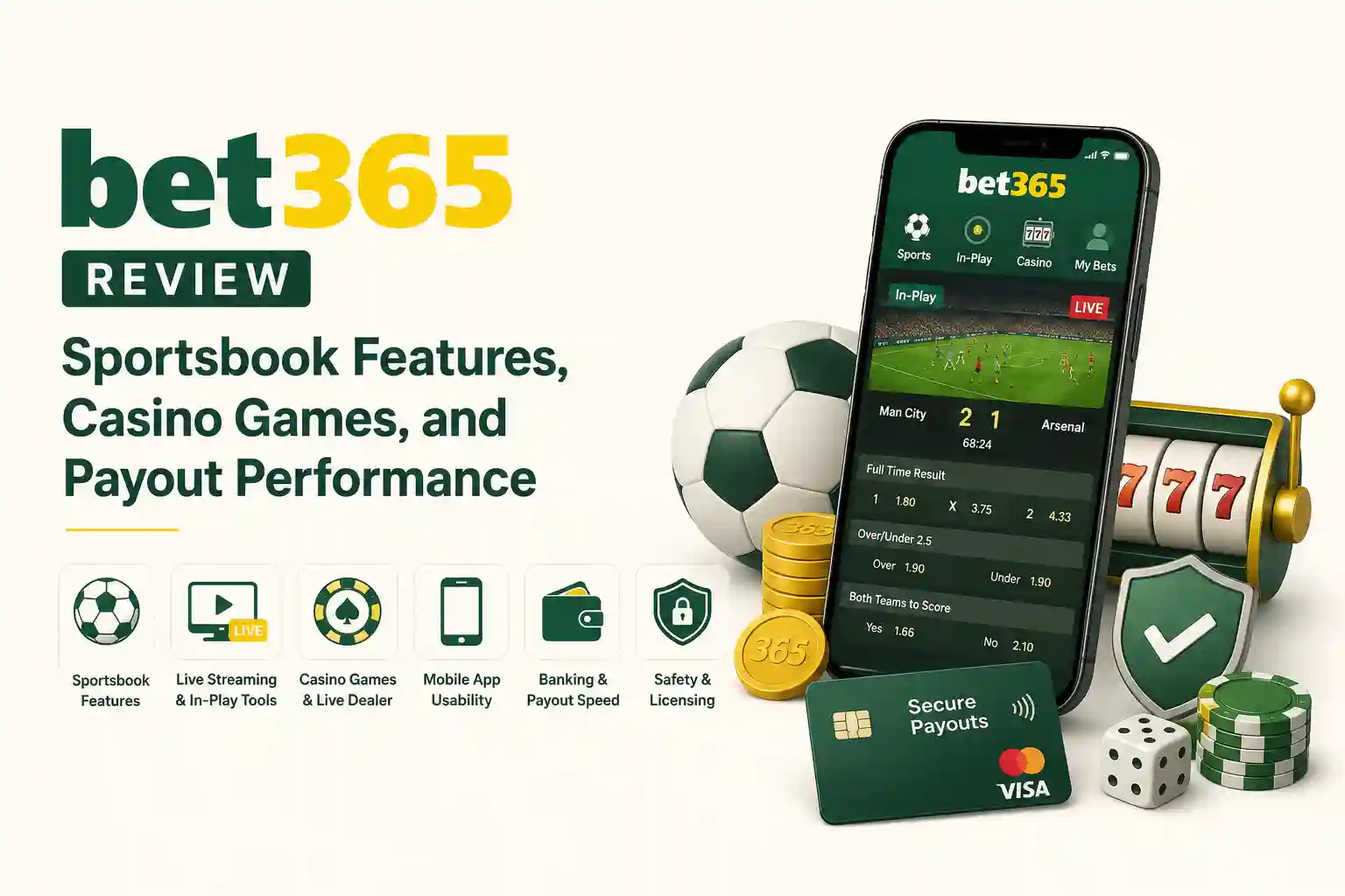 Bet365 review banner with sportsbook, live betting, casino, mobile app, banking, and safety icons.