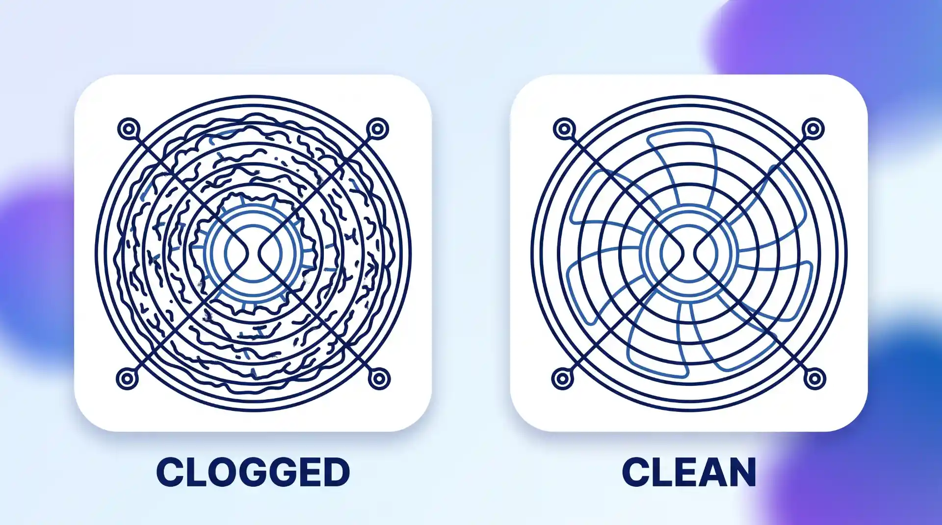 Side-by-side line art comparison of a heavily clogged, dust-caked server fan labeled "CLOGGED" and a perfectly clean one labeled "CLEAN."