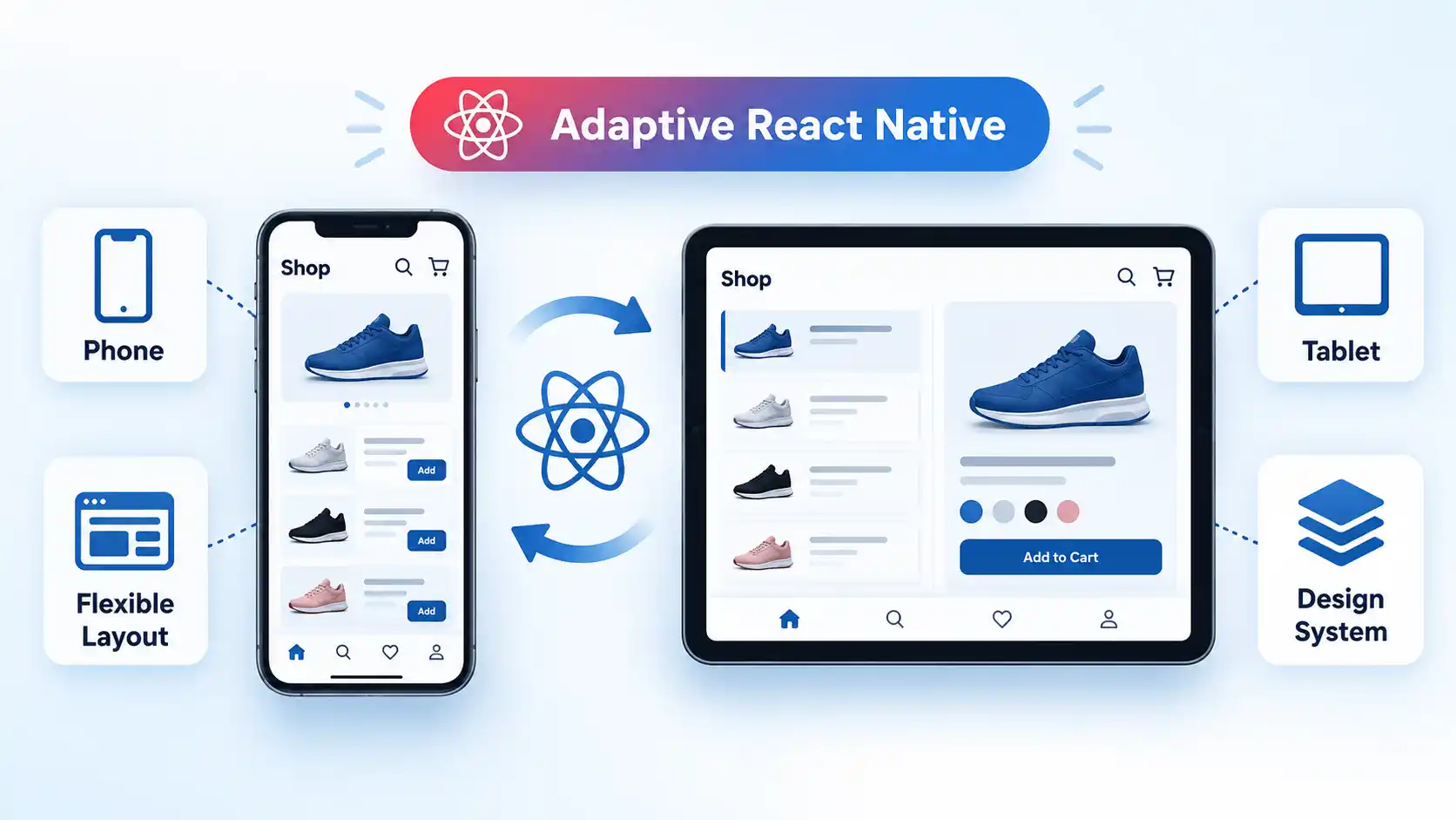 React Native shop adapts from Phone to Tablet using Flexible Layout and Design System.