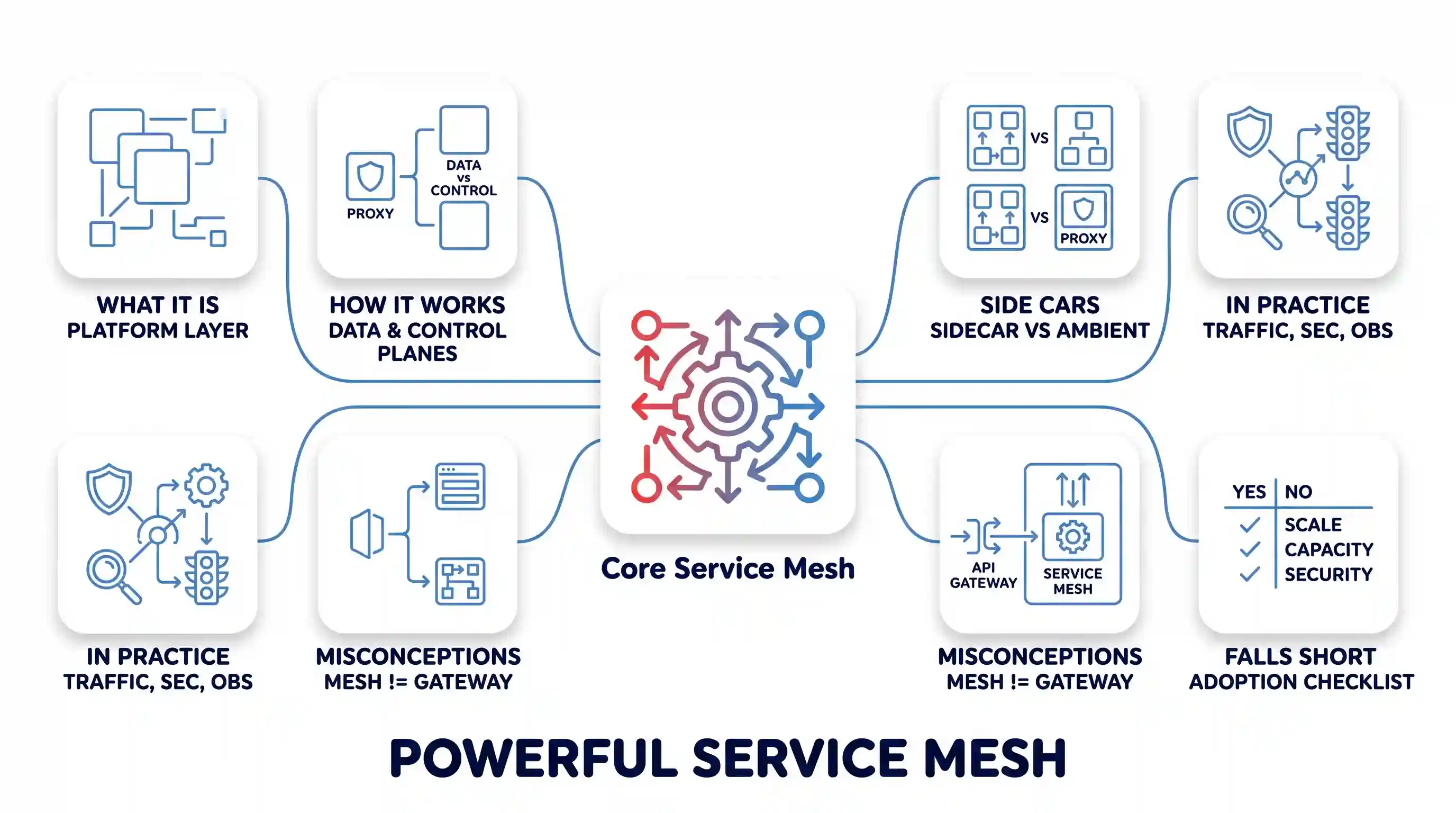 A technical diagram on a pure white background, illustrating six facets of service mesh technology. At the center, a large red-to-blue gradient icon of gears and arrows is labeled "Core Service Mesh." Thin blue lines connect this center to six surrounding white rounded-square cards with blue line icons and navy text labels. The topics include: "PLATFORM LAYER," "DATA & CONTROL PLANES," "SIDECAR VS AMBIENT," "TRAFFIC, SEC, OBS" (traffic management, security, observability), "MESH != GATEWAY" (comparing mesh and API gateway), and an "ADOPTION CHECKLIST" for when a mesh might be necessary. A bold, navy headline below the diagram reads: POWERFUL SERVICE MESH.
