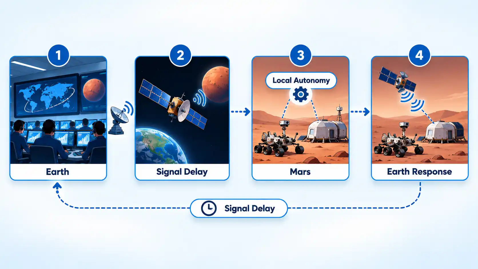 Four-step Earth-to-Mars flow showing Signal Delay, Mars rover and habitat, and Local Autonomy