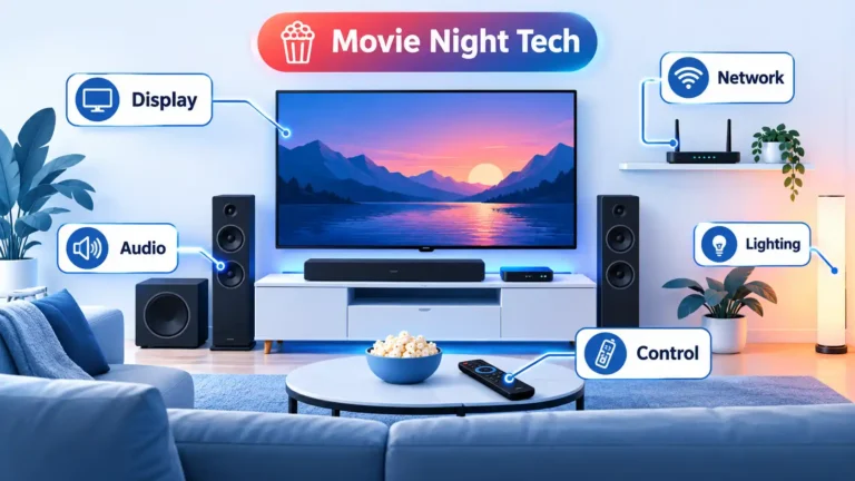 Movie Night Tech setup with TV, speakers, router, smart lighting, remote, and labeled system connections.