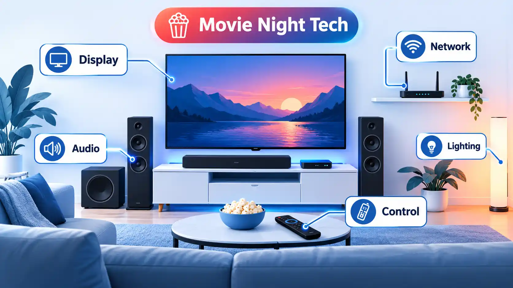 Movie Night Tech setup with TV, speakers, router, smart lighting, remote, and labeled system connections.
