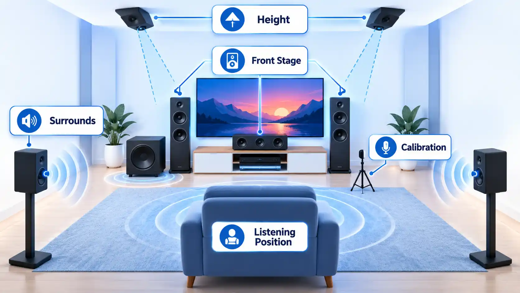 Home theater with Listening Position, Front Stage, Surrounds, Height speakers, subwoofer, and Calibration mic.
