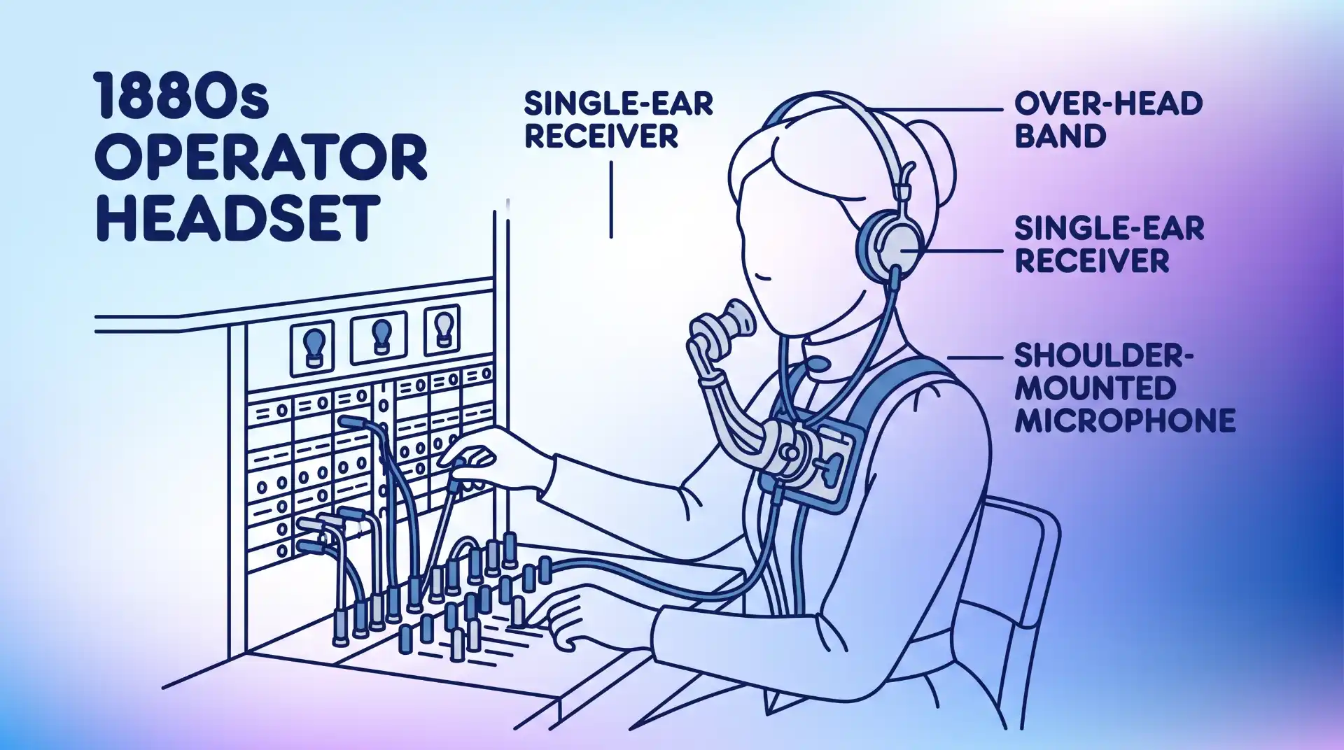 Illustration of an 1880s operator wearing a single-earphone headset with a bulky shoulder-mounted microphone, working at a switchboard.