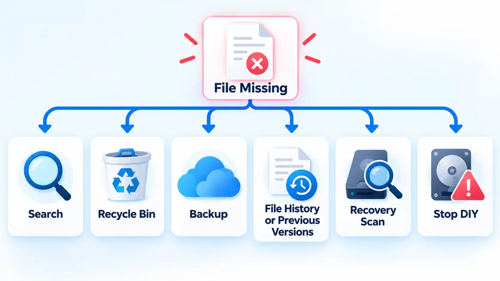 File Missing flowchart branches to Search, Recycle Bin, Backup, Recovery Scan, and Stop DIY.