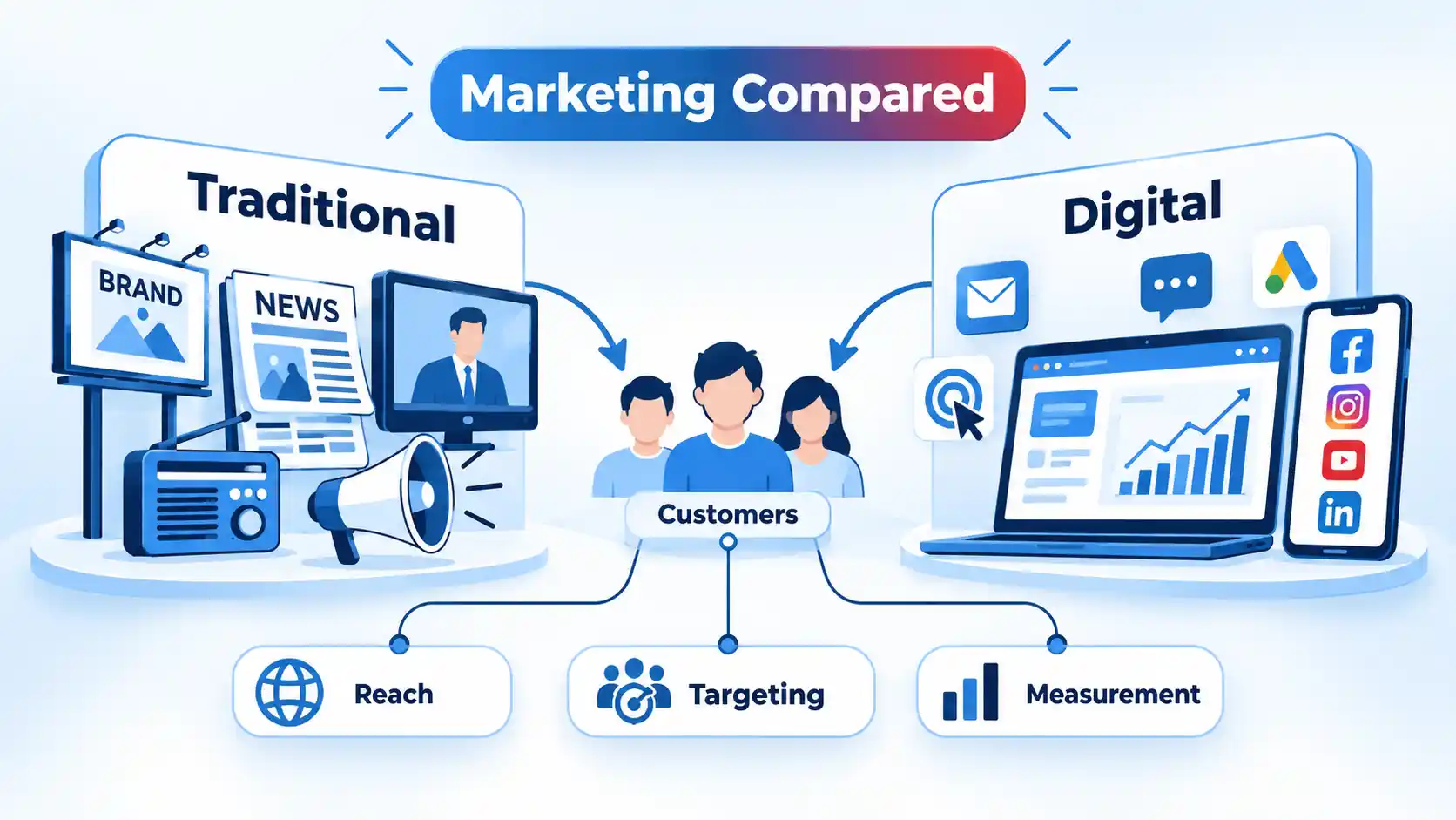 Traditional and digital marketing channels connect to customers, with Reach, Targeting, and Measurement.