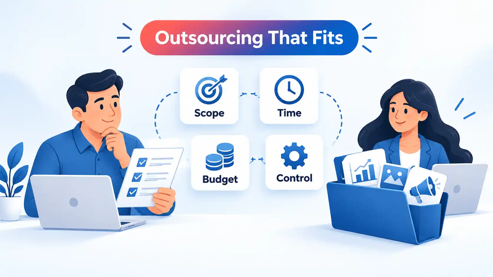 Business owner and marketing specialist with cards labeled Scope, Time, Budget, Control, and Outsourcing That Fits.