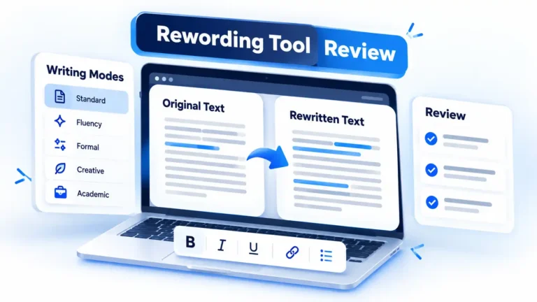 Rewording workspace with Original Text, Rewritten Text, Writing Modes, Review, and editing toolbar
