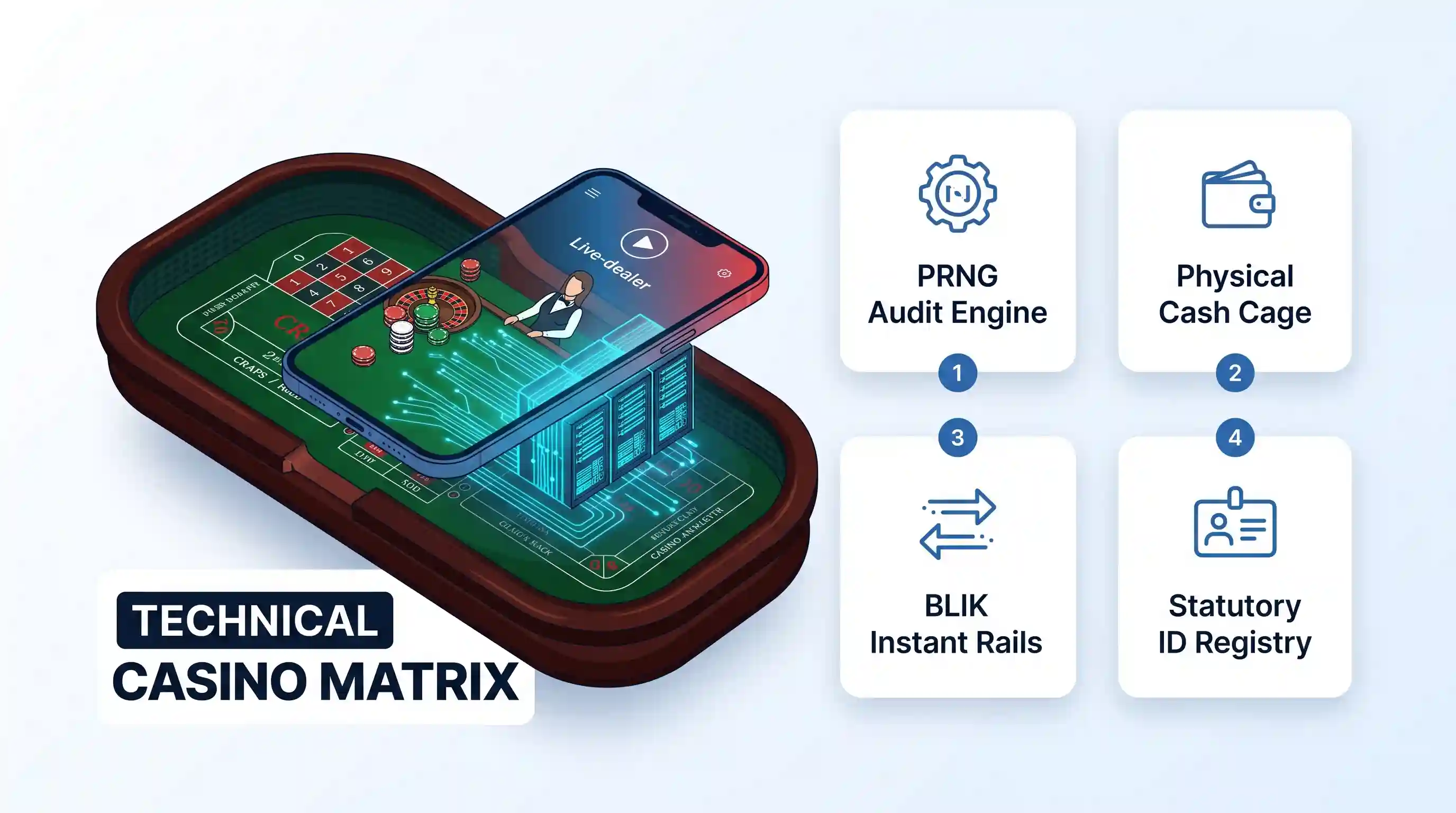 A technical illustration titled 'TECHNICAL CASINO MATRIX' showing a smart phone over an digital casino table with 4 process cards.