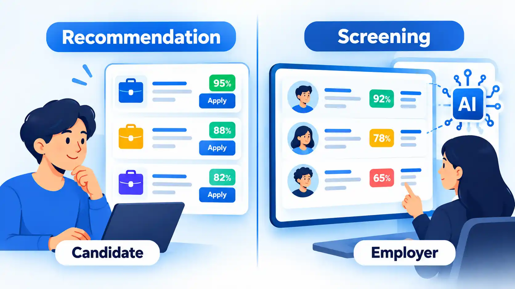 Candidate job Recommendation interface beside Employer AI Screening of applicants.