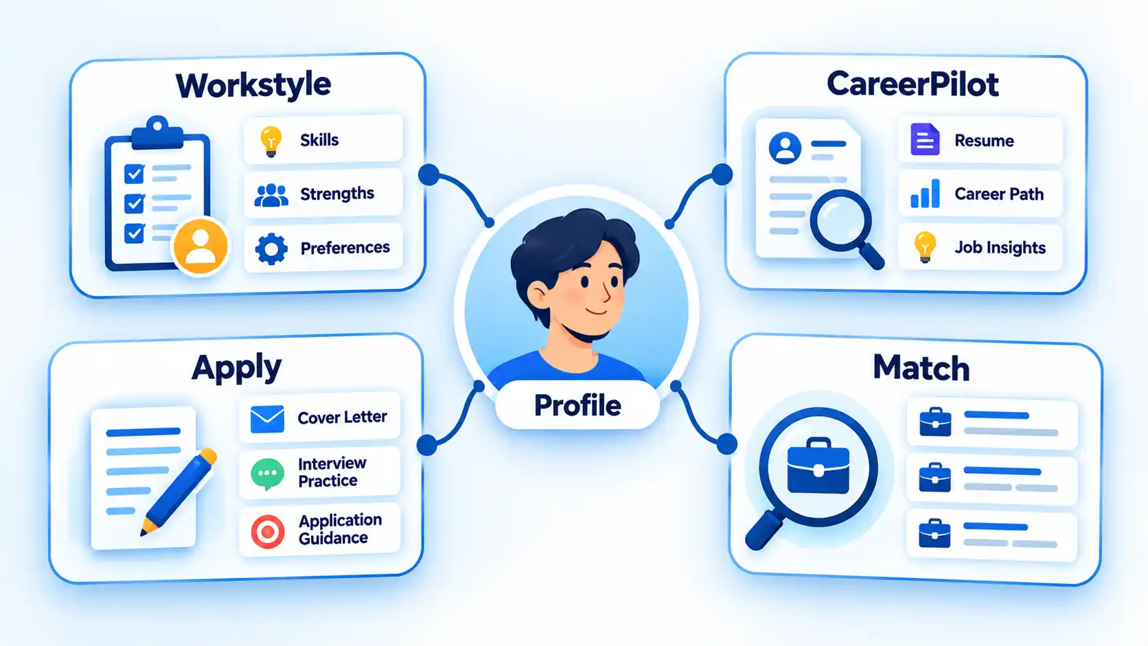 Job seeker Profile linked to Workstyle, CareerPilot, Apply, and Match tools.