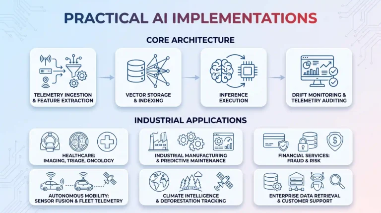 A tech header image titled "Practical AI Implementations" shows two sections: a four-stage process for "Core Architecture" with icons for telemetry, vector storage, inference, and drift monitoring, and a six-panel grid for "Industrial Applications" featuring labels for healthcare, manufacturing, finance, mobility, climate, and enterprise data.
