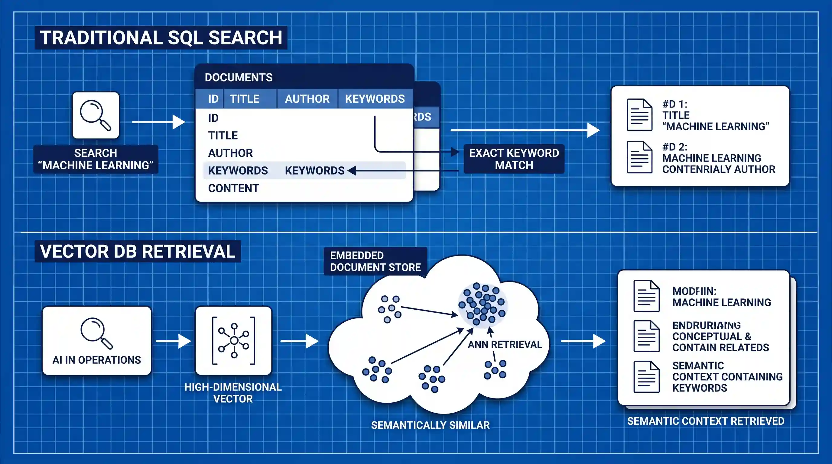 A diagram contrasting traditional SQL keyword search, which uses exact matches on keywords, with vector database retrieval, which uses high-dimensional vectors for semantic context and approximate nearest neighbor (ANN) retrieval.