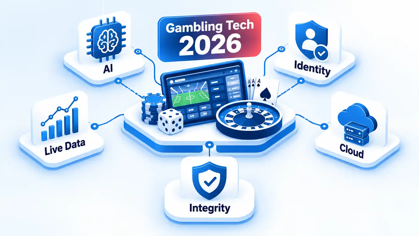 Gambling Tech 2026 hub connecting AI, Identity, Live Data, Cloud, and Integrity around a betting platform