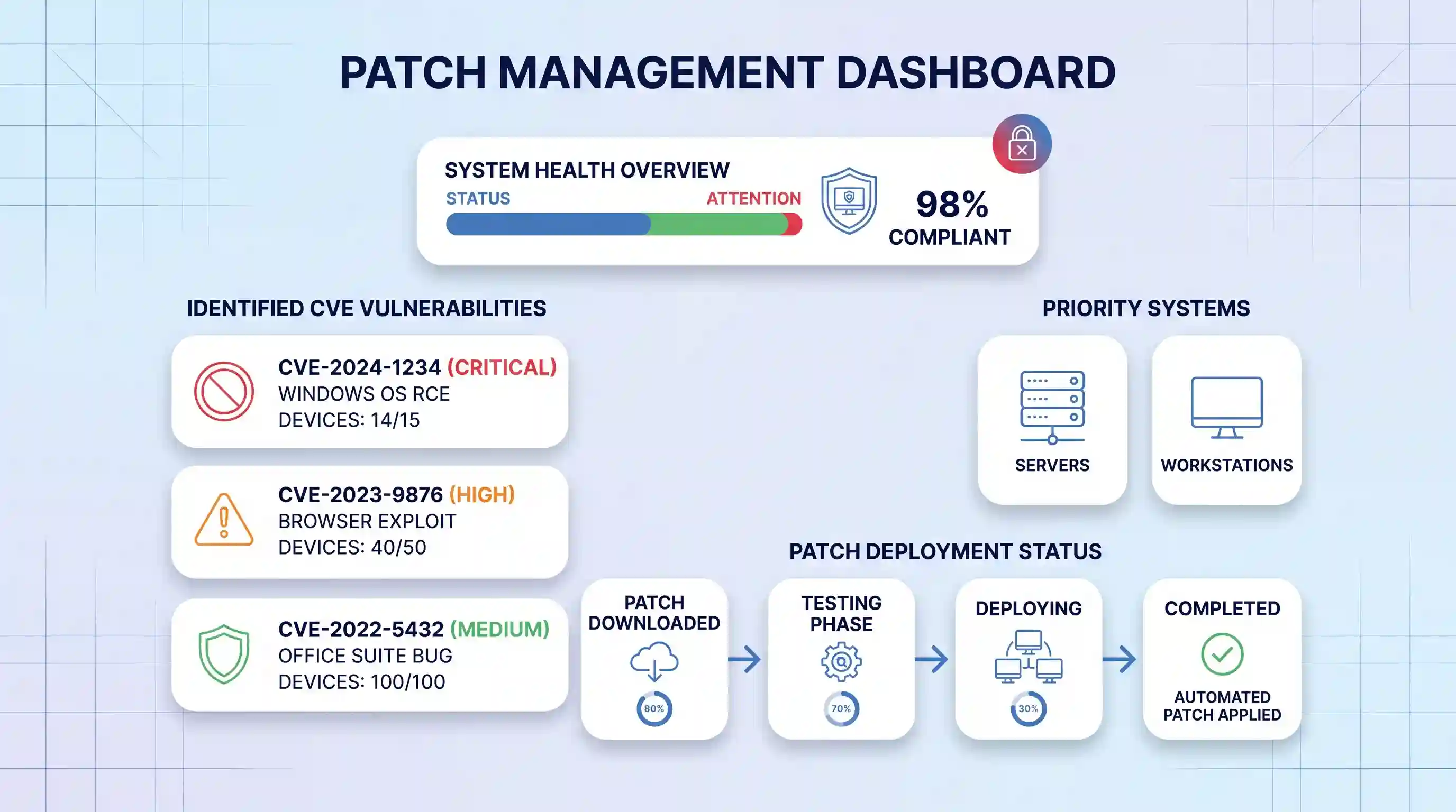 A conceptual IT dashboard diagram on a blueprint grid background, showing nested white cards. Top sections display "System Health Overview" (98% Compliant) and a list of "Identified CVE Vulnerabilities" (Critical, High, Medium with red, orange, green markers). A bottom section, "Patch Deployment Status," shows a four-step linear workflow from "Patch Downloaded" to "Completed." All text is navy blue, and lines are mid-blue.