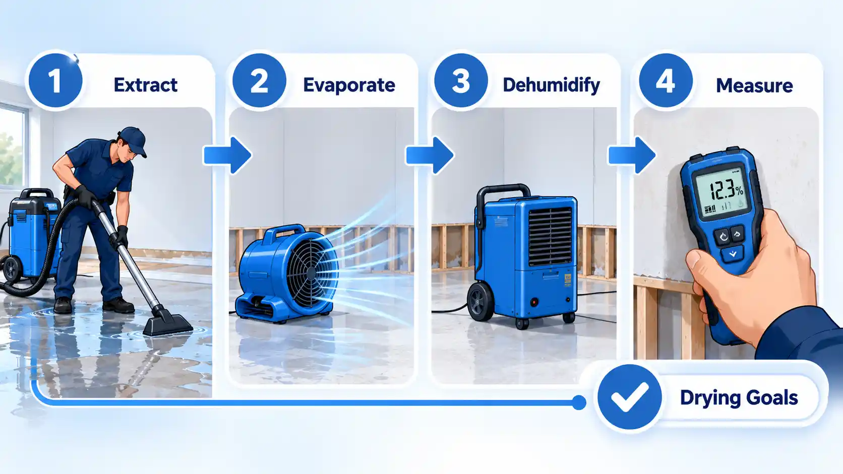 Four-step drying workflow labeled Extract, Evaporate, Dehumidify and Measure, ending at Drying Goals.