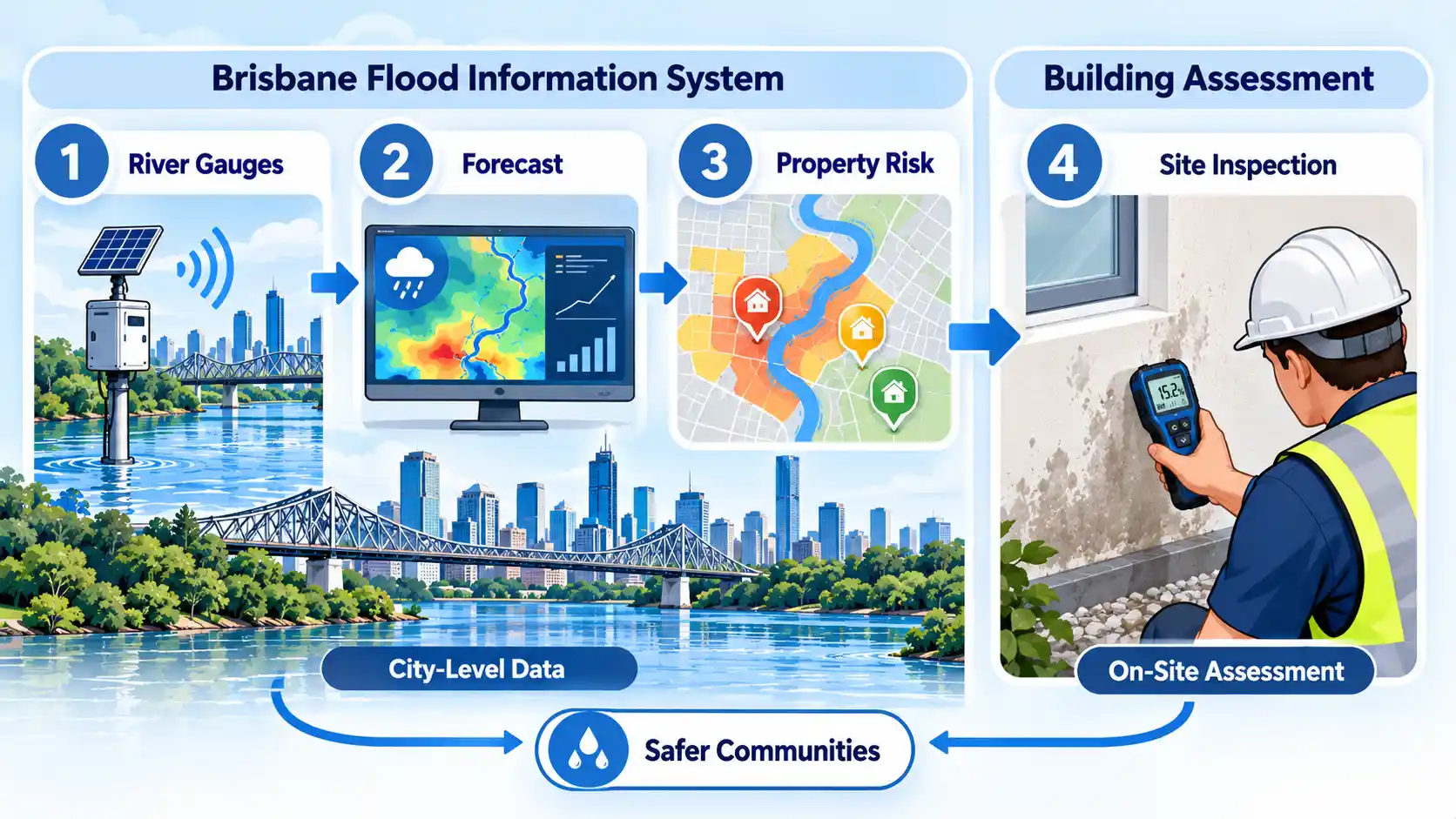 Brisbane flood system links River Gauges, Forecast and Property Risk to a separate Site Inspection.