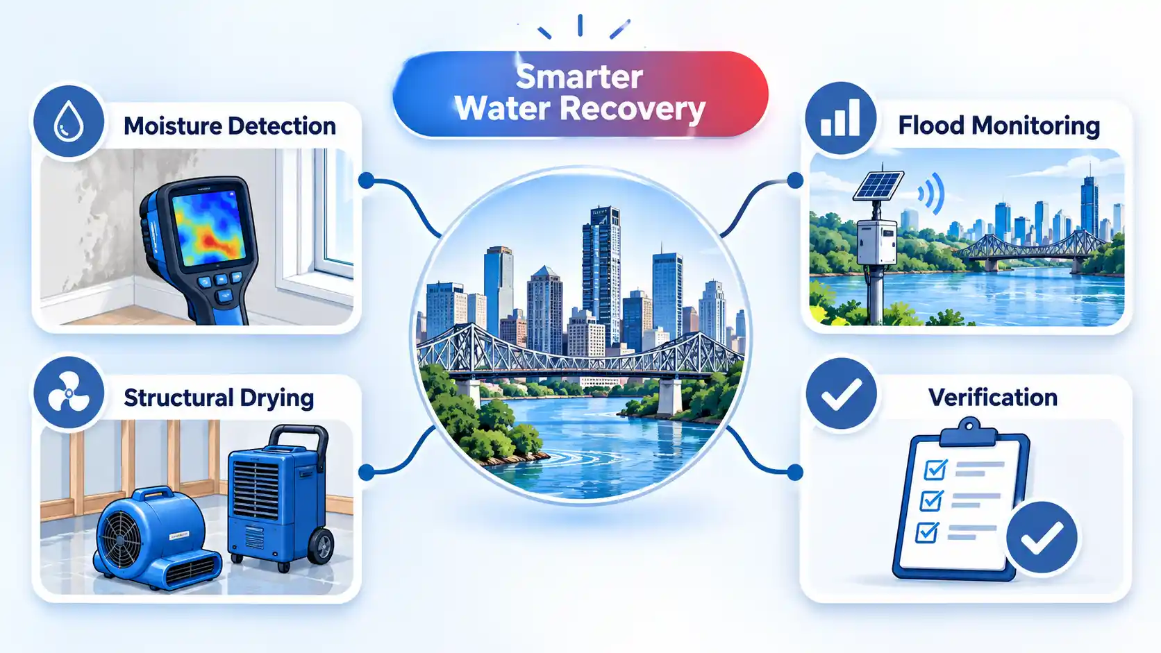 Brisbane water recovery hub linking Moisture Detection, Structural Drying, Flood Monitoring and Verification.