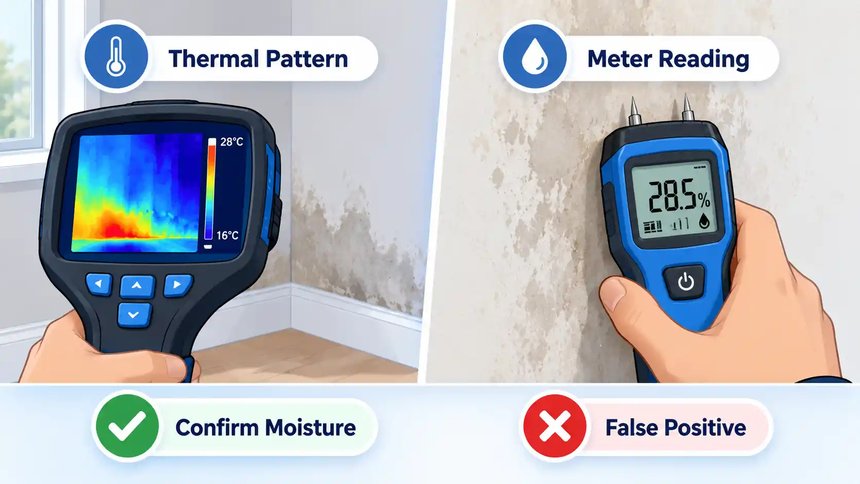 Thermal Pattern camera beside Meter Reading check, with Confirm Moisture and False Positive labels.