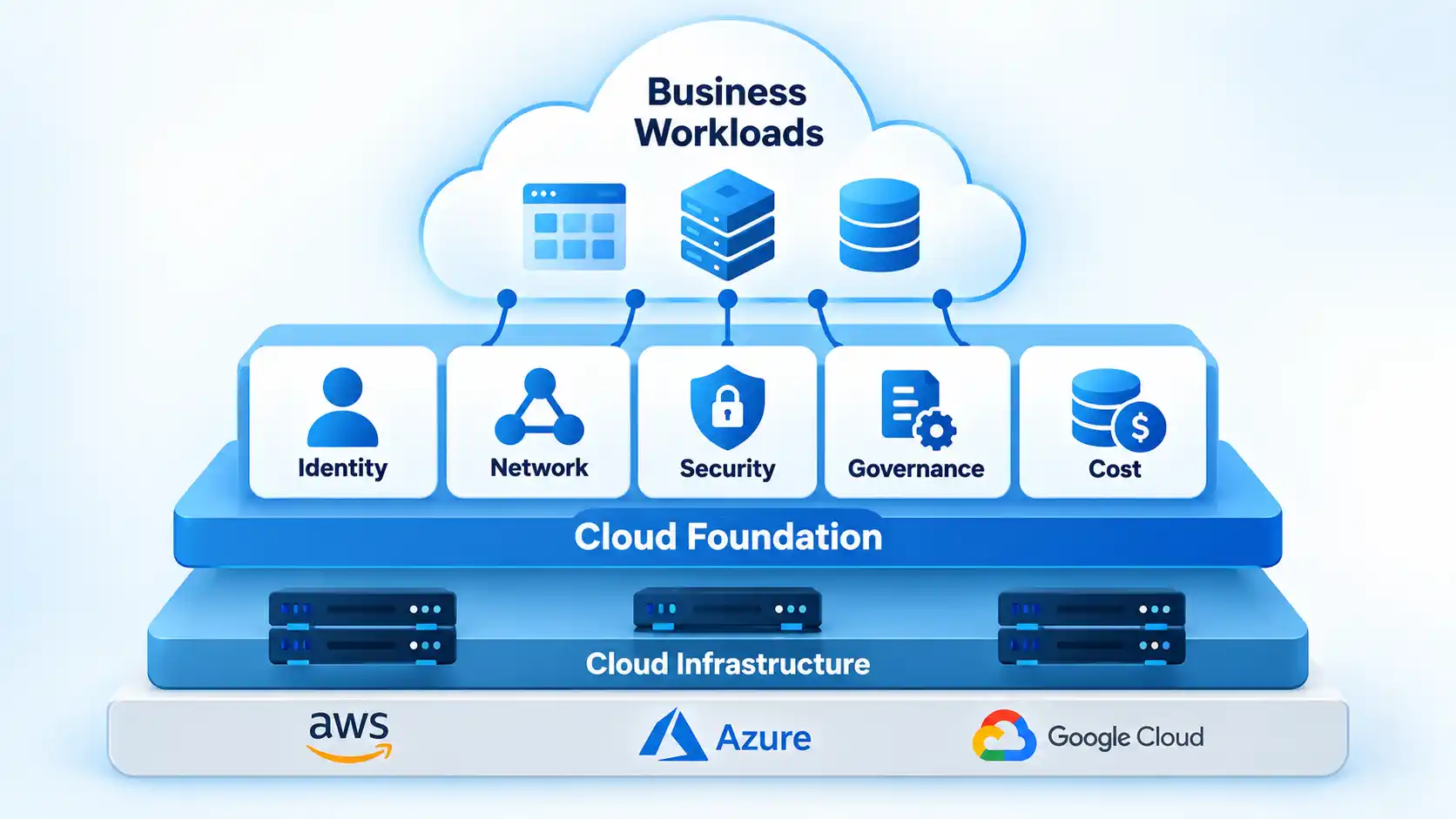 Business Workloads sit above Cloud Foundation layers for Identity, Network, Security, Governance, and Cost.