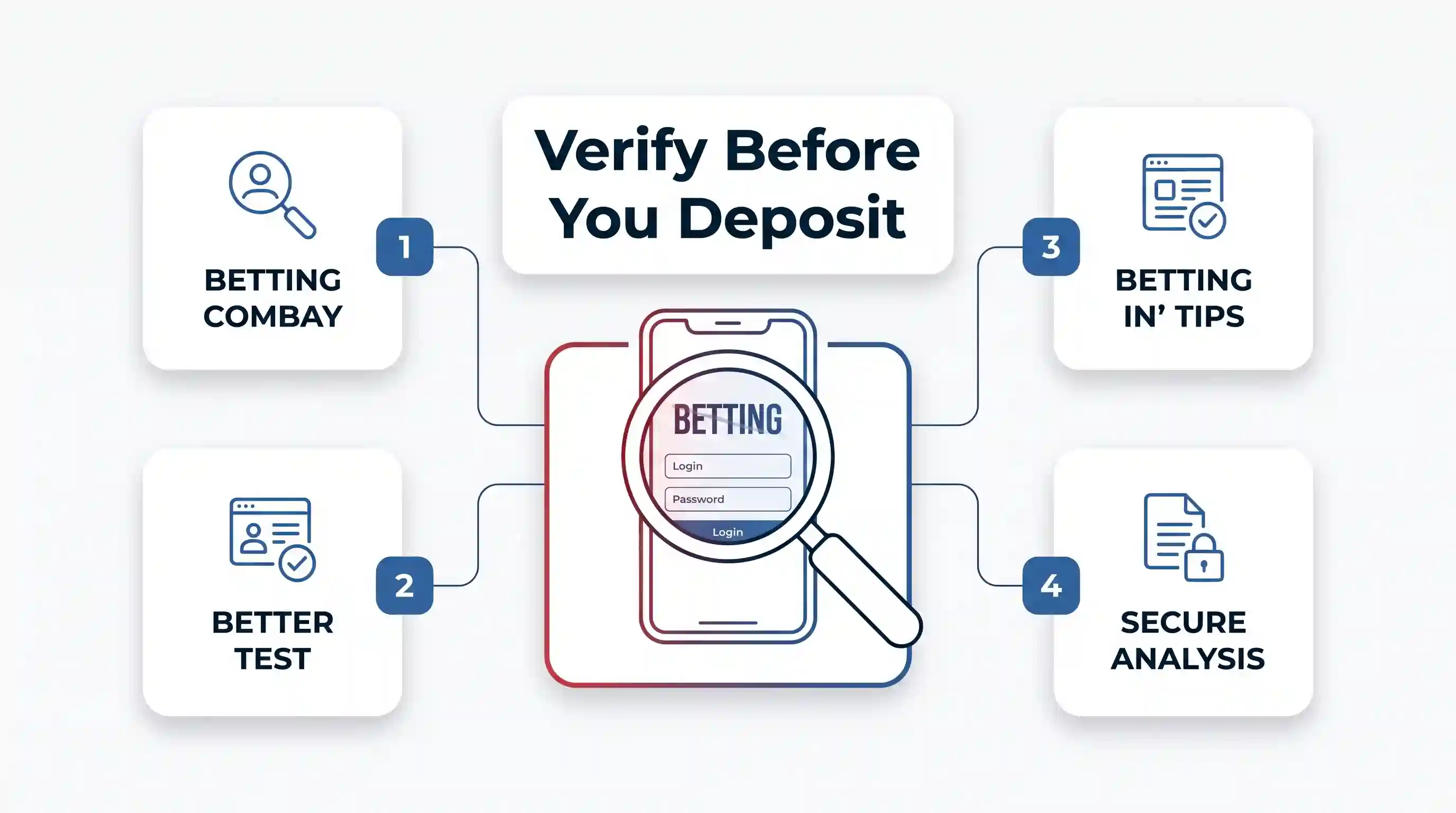 An infographic titled "Verify Before You Deposit". A phone under a magnifying glass is surrounded by four steps: 1. Betting Combay, 2. Better Test, 3. Betting In' Tips, 4. Secure Analysis.