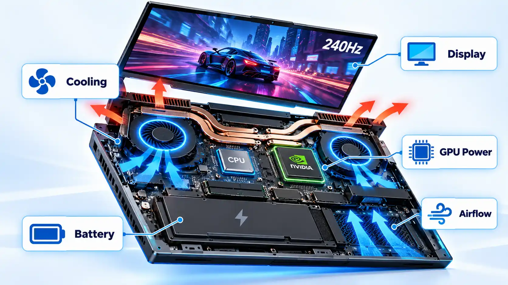 Gaming laptop cutaway with CPU, NVIDIA GPU, dual fans, battery, heat pipes, and Cooling, Display, GPU Power, Airflow labels.