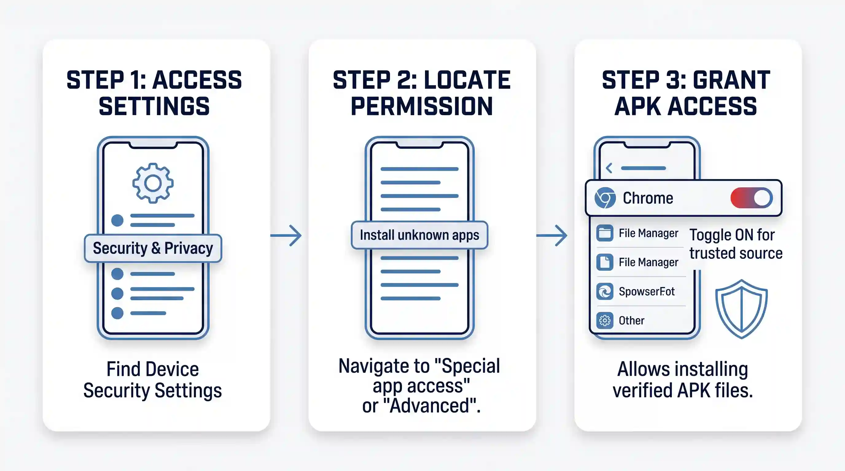 A three-step infographic on a white background showing the standard Android security process for allowing APK installation: accessing Settings, locating the permission, and granting access.