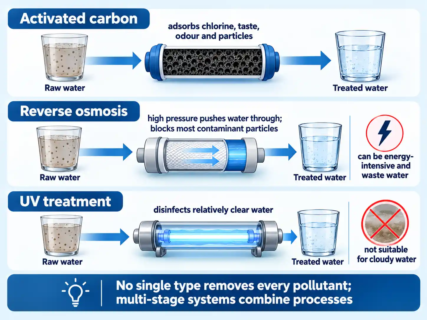 Three water treatment lanes show activated carbon, reverse osmosis and UV treatment, with process limits and arrows.