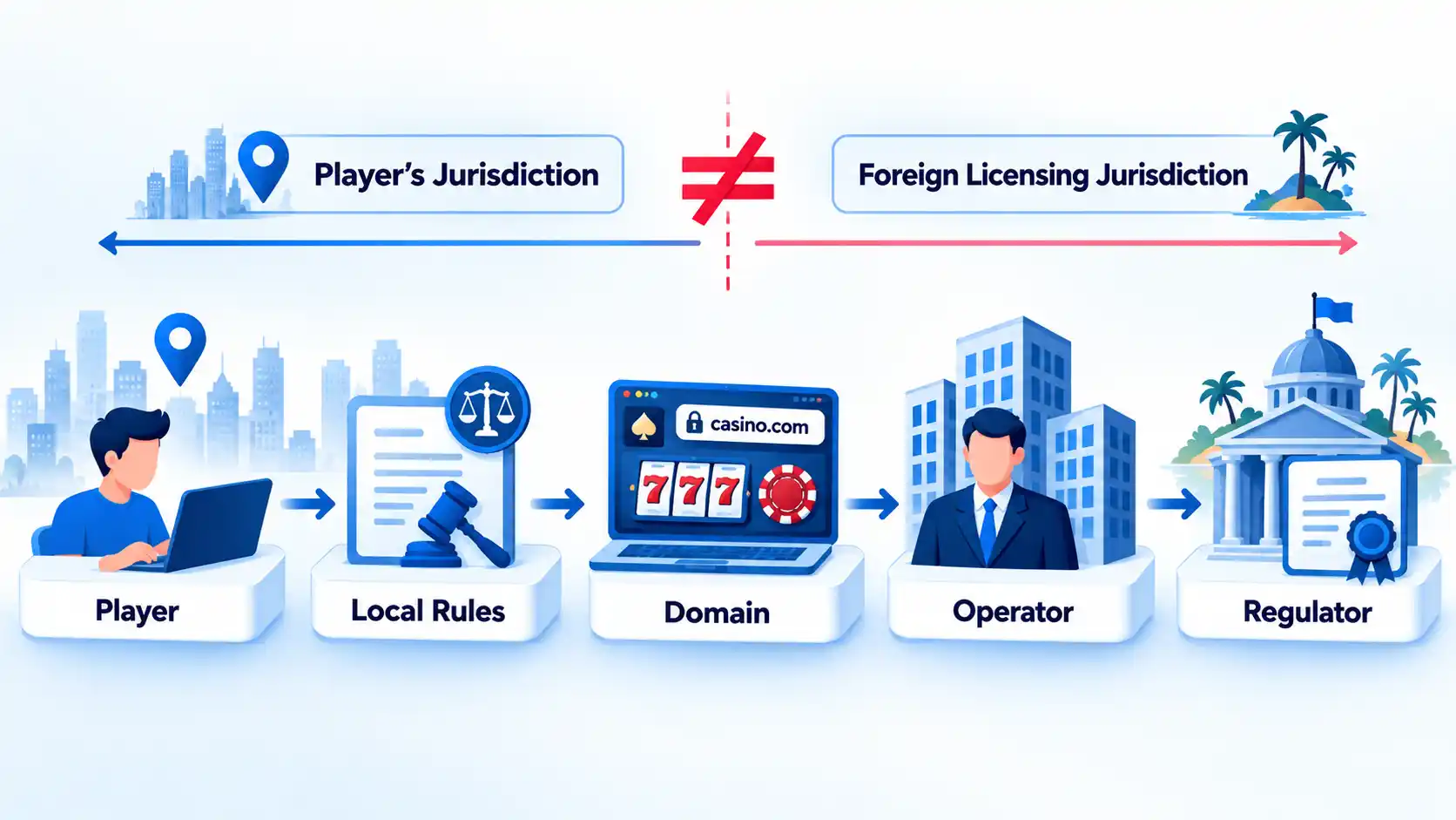 Casino regulation flow from Player and Local Rules to Domain, Operator, and Regulator, with jurisdictions split.