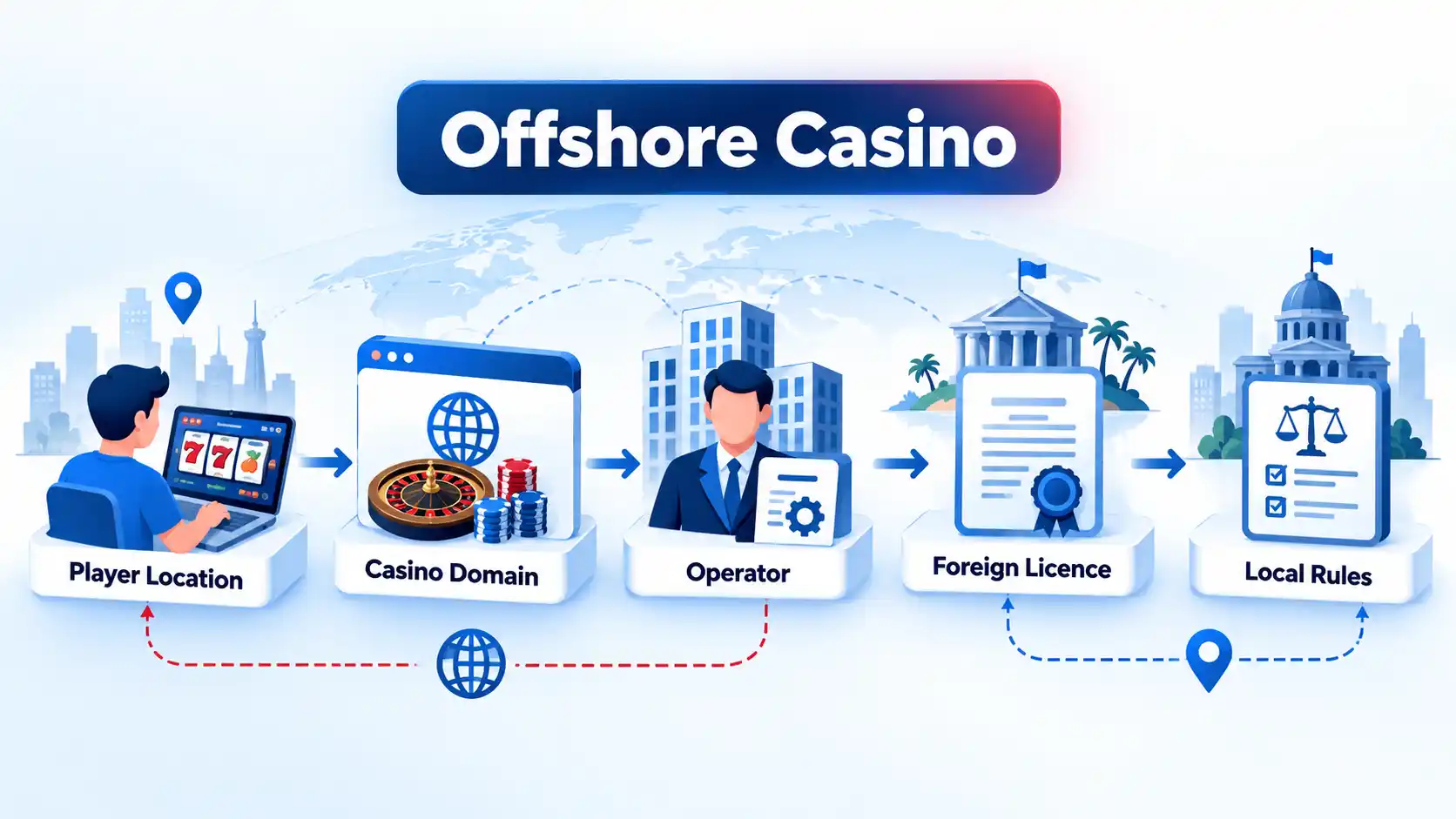 Offshore Casino flow linking Player Location, Casino Domain, Operator, Foreign Licence, and Local Rules.
