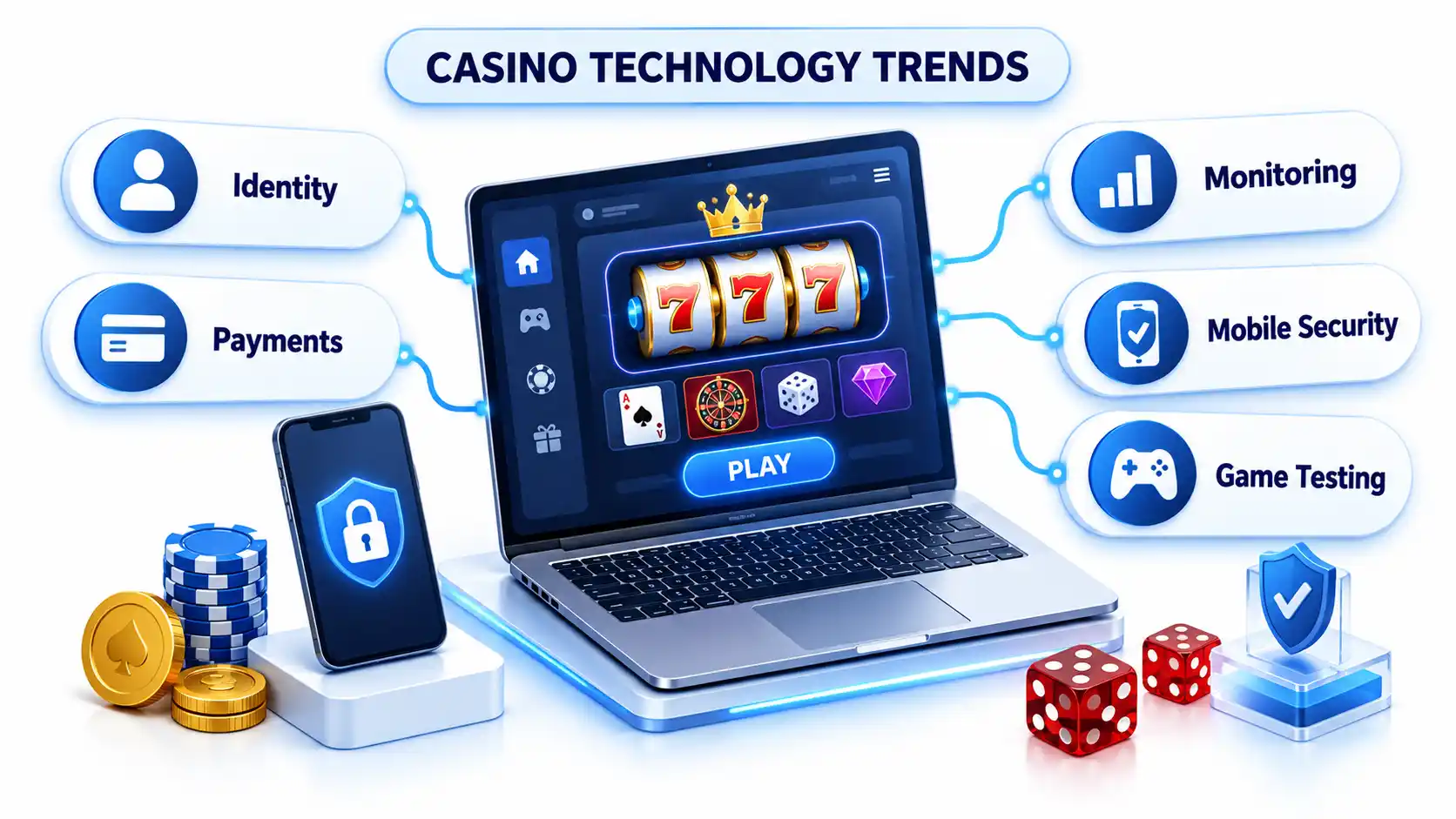 Casino laptop dashboard connects Identity, Payments, Monitoring, Mobile Security, and Game Testing controls.