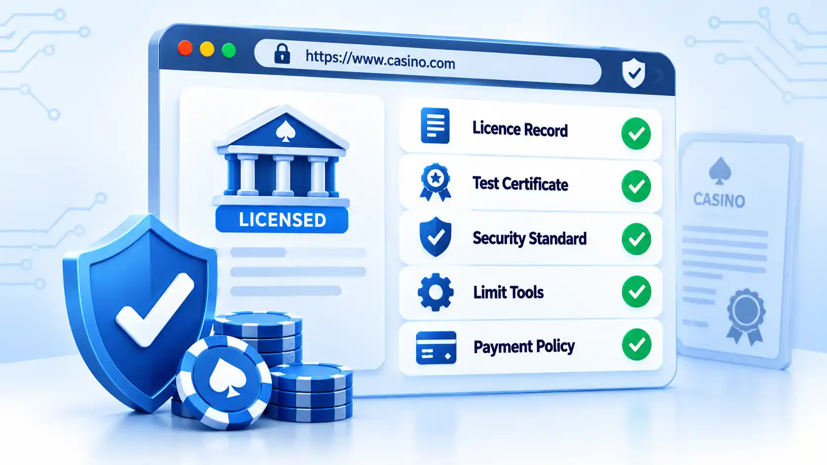 Casino browser shows Licence Record, Test Certificate, Security Standard, Limit Tools, and Payment Policy checks.