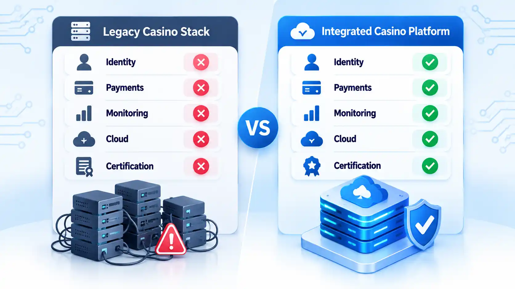 Legacy Casino Stack and Integrated Casino Platform compare Identity, Payments, Monitoring, Cloud, and Certification.