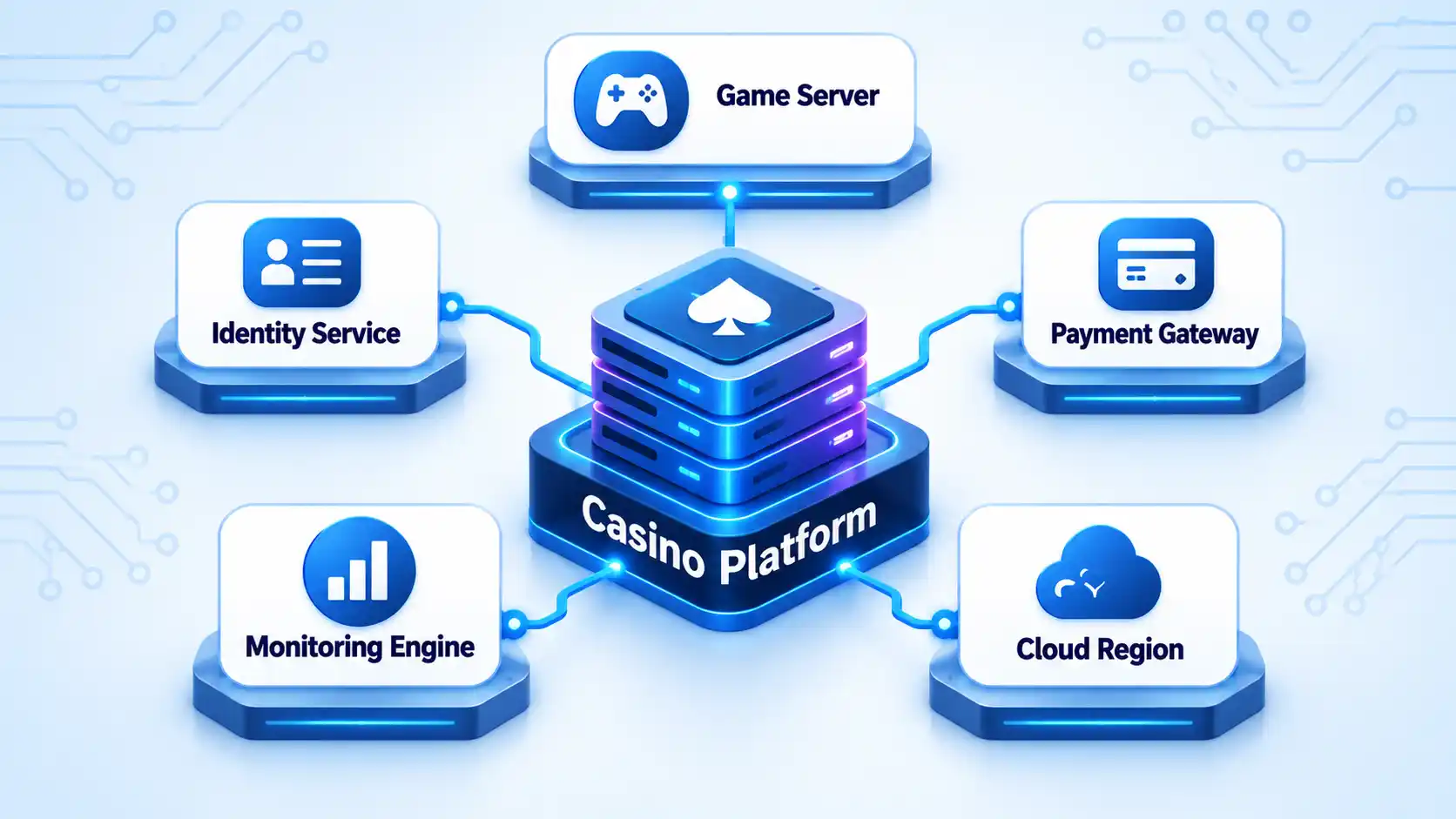 Casino Platform hub connects Game Server, Identity Service, Payment Gateway, Monitoring Engine, and Cloud Region.