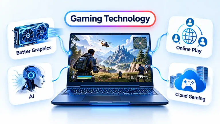 Gaming laptop showing multiplayer action, with Better Graphics, Online Play, AI, and Cloud Gaming feature cards.