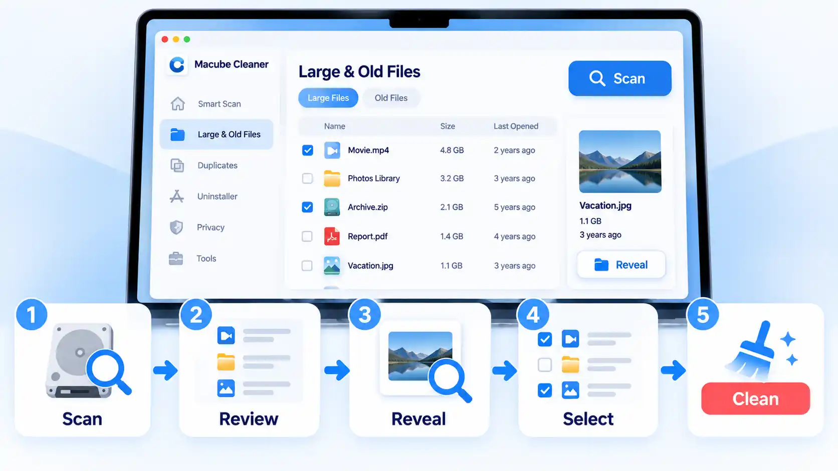 Macube Cleaner Large & Old Files screen with numbered Scan, Review, Reveal, Select, and Clean workflow steps.