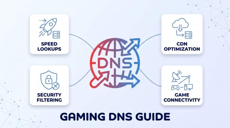 Gaming DNS Guide illustration showing a central DNS globe icon connected to four features: Speed Lookups, CDN Optimization, Security Filtering, and Game Connectivity.