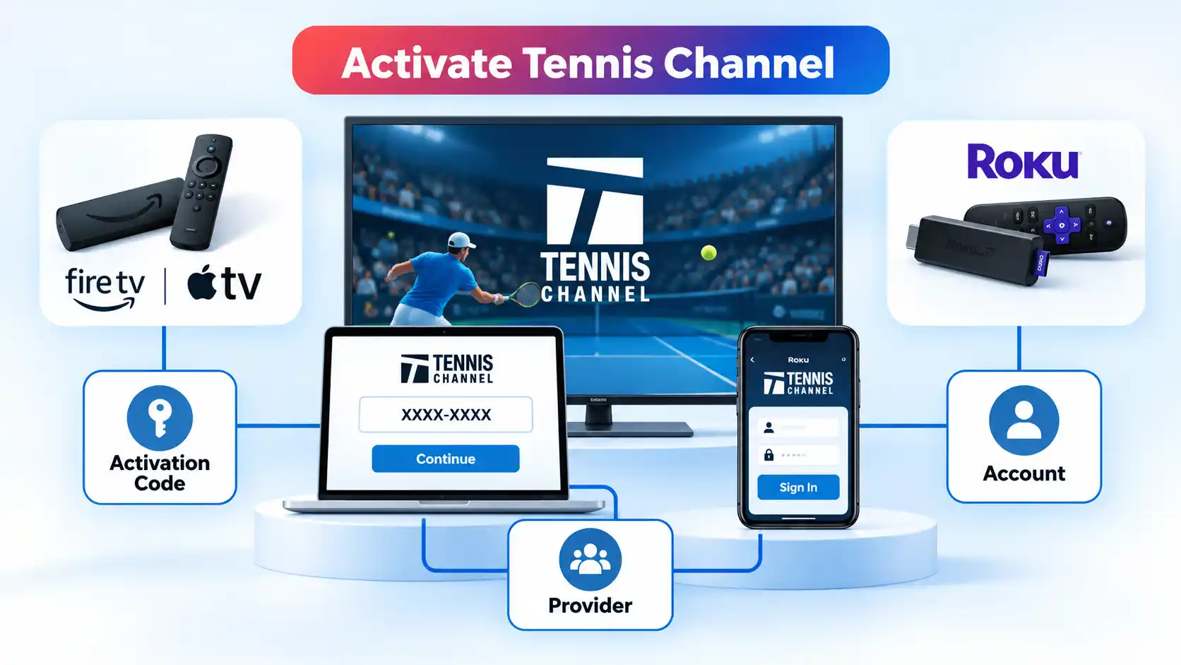 Tennis Channel on a smart TV linked to Fire TV, Apple TV, Roku, activation code, account and provider cards.