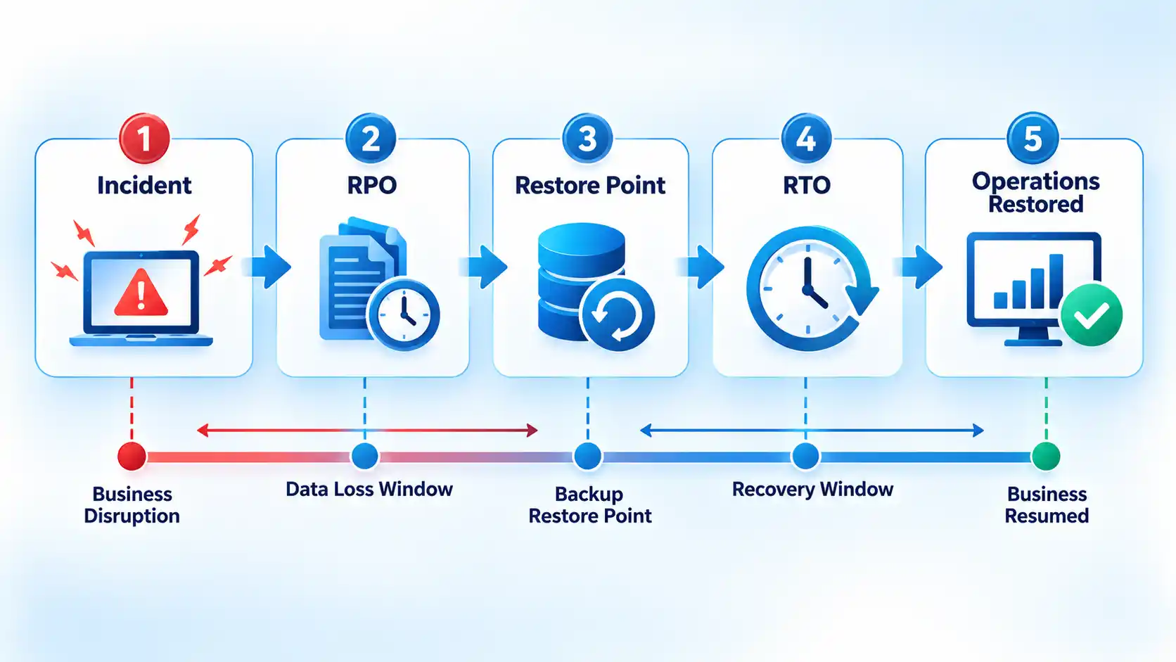 Five-step flow from Incident through RPO, Restore Point, and RTO to Operations Restored