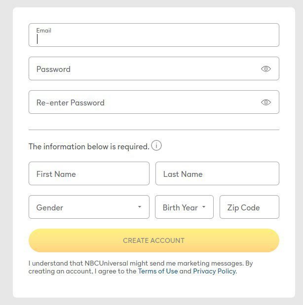 Sign Up Page on Peacock