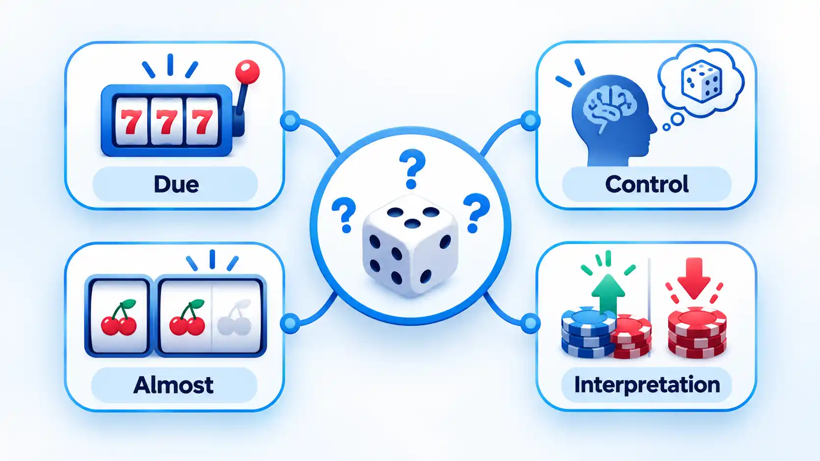 Central uncertain die branching to four gambling cognition cards labeled Due, Control, Almost and Interpretation.