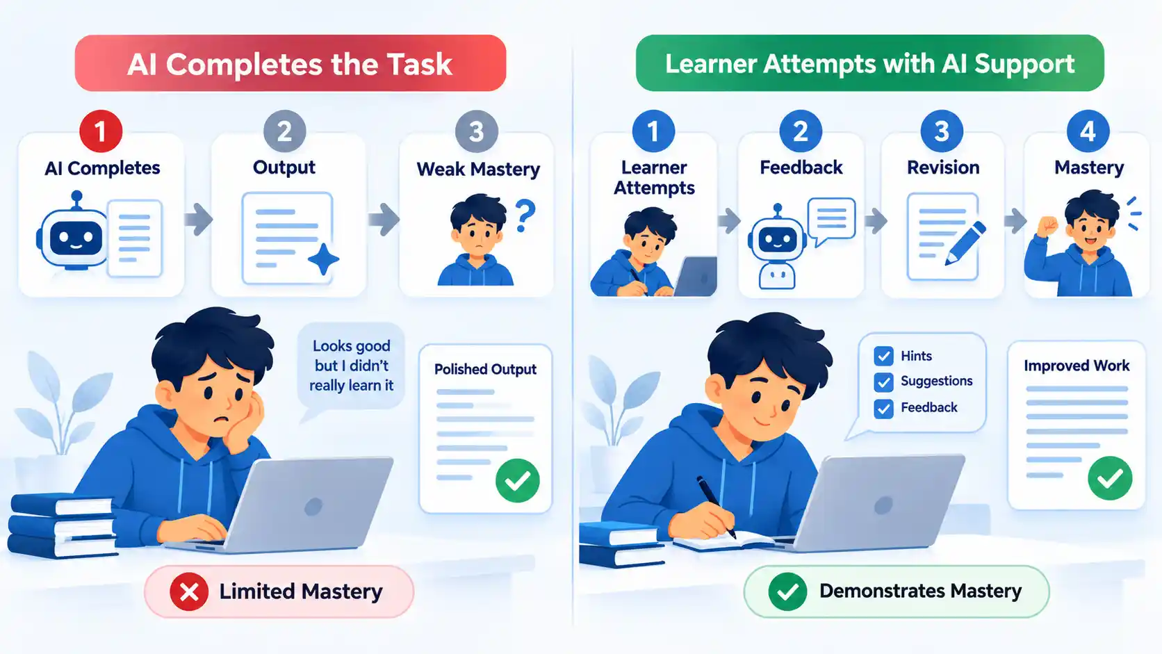 AI Completes path with weak mastery compared with Learner Attempts, Feedback, Revision and Mastery