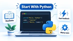 Python code on a laptop with labels Readable, Fast feedback, Many uses, and Start With Python