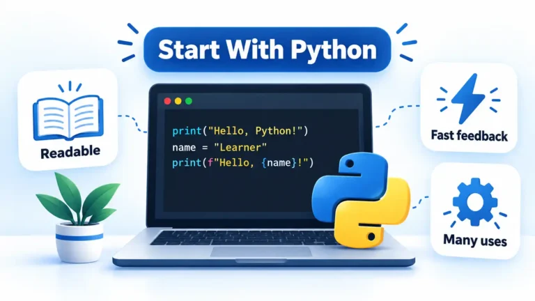 Python code on a laptop with labels Readable, Fast feedback, Many uses, and Start With Python